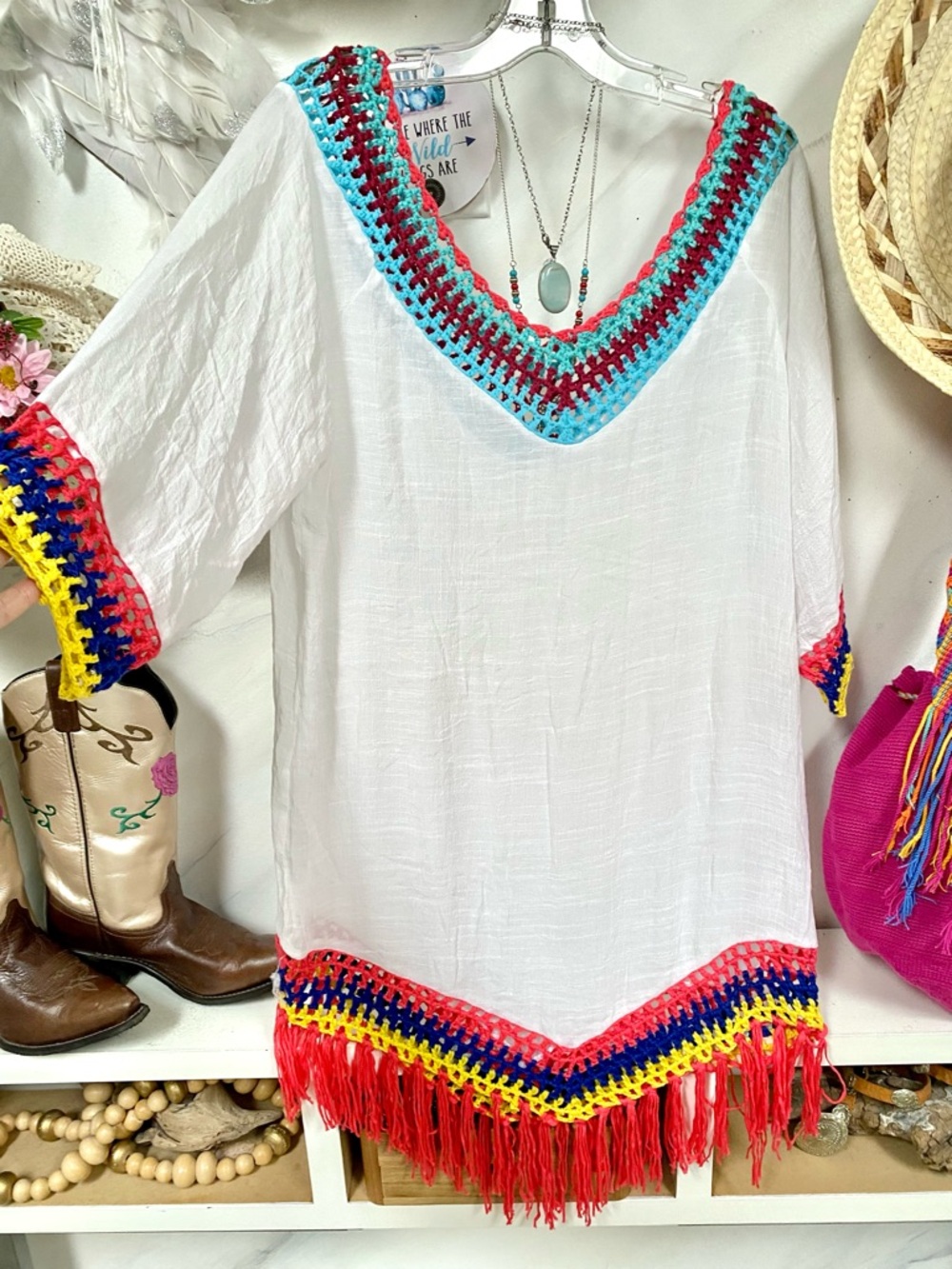 Granny fringe crochet boho tunic dress cover up w hippy Gypsy beach vibe - Picture 13 of 13